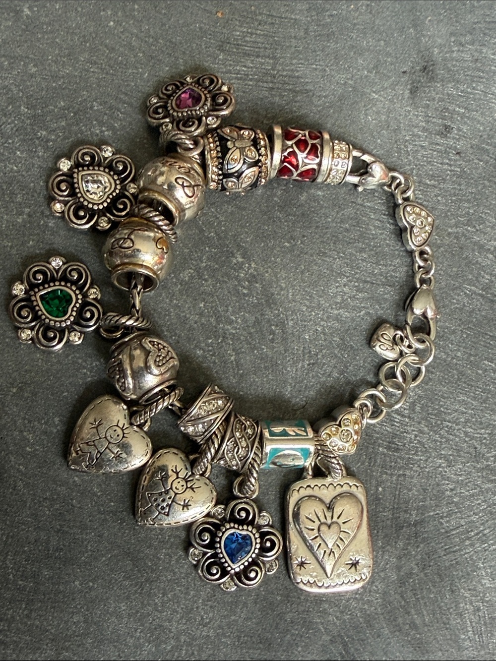 BRIGHTON Silver Heart Charm Bracelet with Multicolor Enamel Accents